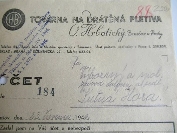 Benešov u Prahy - V. Hrbotický - Továrna na drátěná pletiva - 1946