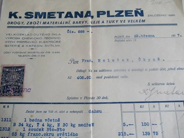 Plzeň - K. Smetana - Drogy, zboží materiální, barvy, oleje a tuky ve velkém - 1937