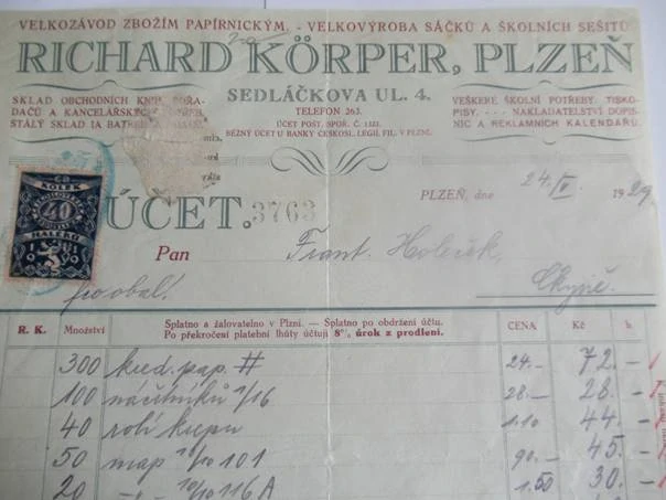 Plzeň - Richard Körper - Sklad obchodních knih, pořadačů a kancelářských potřeb, stálý sklad baterií a obalů - 1929