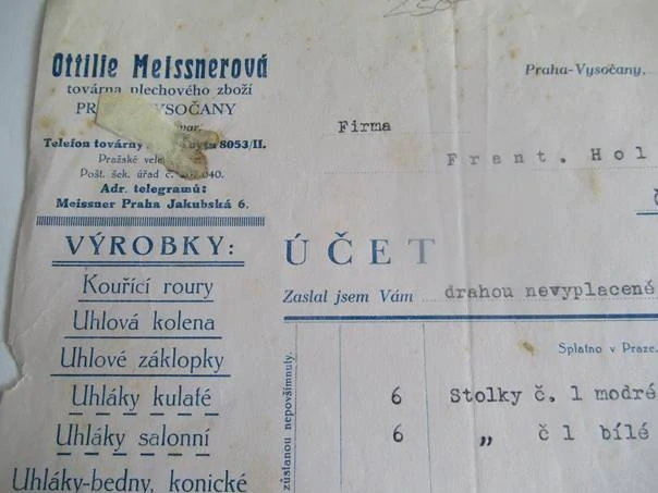 Praha-Vysočany - Ottilie Meisnerová - Továrna plechového zboží - Výrobky: Kouřící roury, uhlová kolena, uhlové zákopky, uhláky kulaté.. - 1927