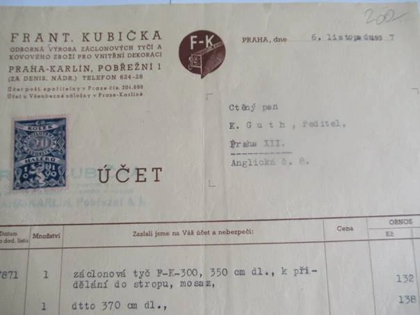 Praha - Frant. Kubička - Odborná výroba záclonových tyčí a kovového zboží pro vnitřní dekoraci - 1937