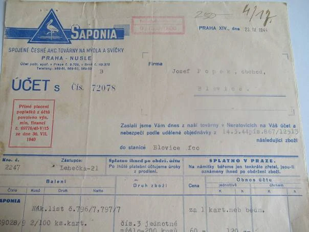 Praha-Nusle - Saponia - Spojené české akc. továrny na mýdla a svíčky - 1944