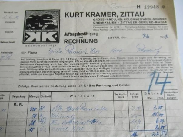 Zittau - Kurt Kramer - Vrelkoobchod - Drogy a chemikálie, mlýn na koření - 1939