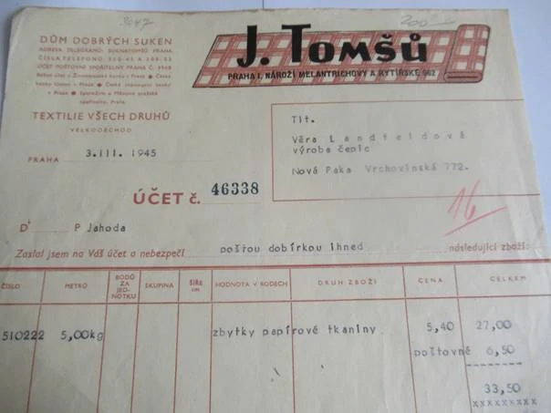 Praha I. - J. Tomšů - velkoobchod - Textilie všech druhů - 1945
