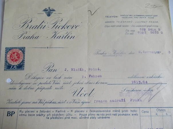 Praha-Karlín - Bratří Pickové - Oddělení Ultramarin a barvy, oddělení pro papír - 1925