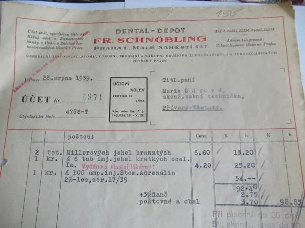 Praha - Fr. Schnöbling - Dental Depot - Prodejní a nákupní středisko zubolékařských a zubotechnických potřeb - 1939