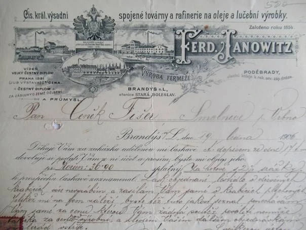 Brandýs nad Labem - Ferd. Janowitz - Spojené továrny na oleje a lučební výrobky - Výroba Fermeže - 1906