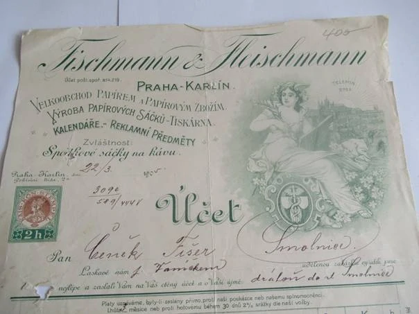 Praha-Karlín - Fischmann & Fleischmann - Velkoobchod papírem a papírovým zbožím, Výroba papírových sáčků-Tiskárna, Kalendáře - reklamní předměty, Spodkové sáčky na kávu - 1905