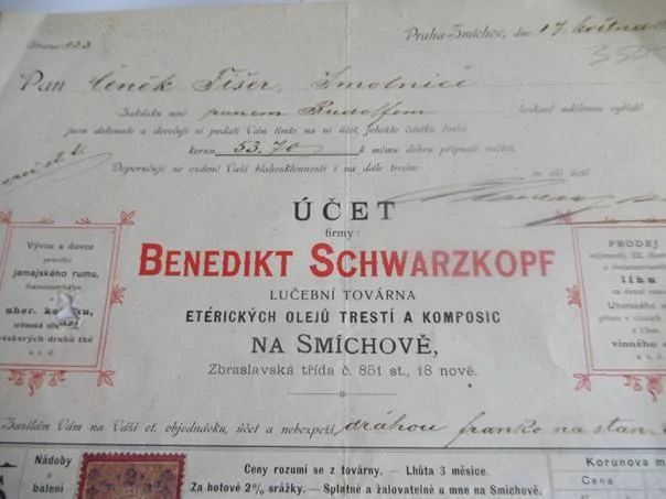 Praha-Smíchov - Benedikt Schwarzkopf - Lučební továrna Éterických olejů trestí a komposic - 1905