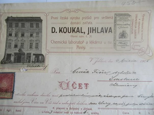 Jihlava - D. Koukal - lékárna u svaté Anny - chemická laboratoř - Výroba a mazání na revma a namoženinu - 1905