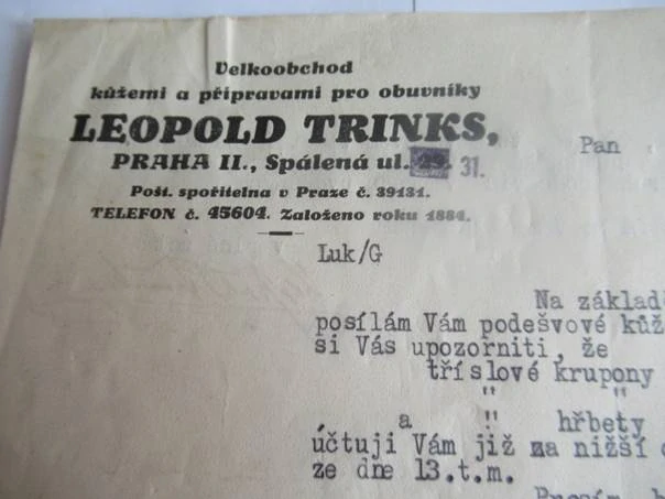 Praha - leopold Trinks - Velkoobchod kůžemi a přípravami pro obuvníky - 1941