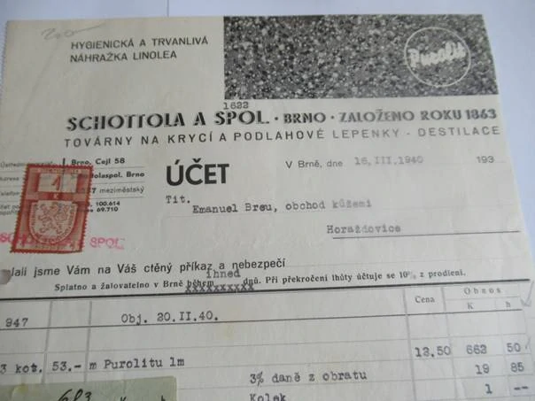 Brno - Schottola a spol. - továrny na krycí a podlahové lepenky, destilace - Hygienická a trvanlivá náhražka linolea - 1940