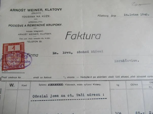 Klatovy - Arnošt Weiner - Továrna na kůže - Podešve a řemenové krupony - 1940