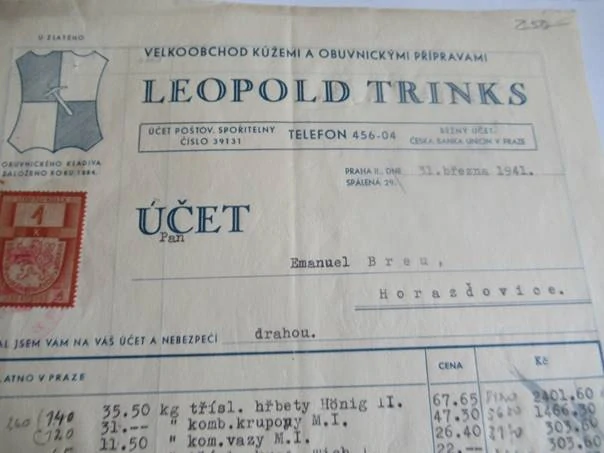 Praha II. - Leopold Trinks - Velkoobchod kůžemi a obuvnickými potřebami - 1941