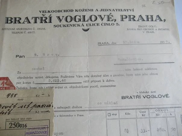 Praha - Bratří Voglové - Velkoobchod kožemi a jednatelství - 1939