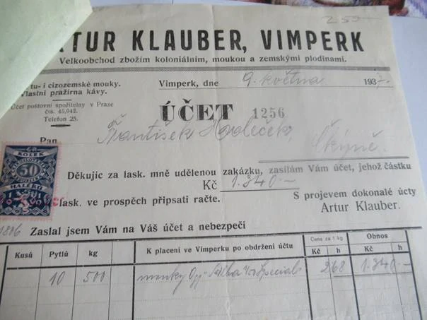 Vimperk - Artur Klauber - Velkoobchod se zbožím koloniálním, moukou a zemskými plodinami - 1937