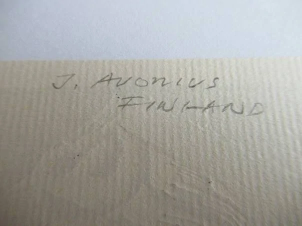 Vícebarevné exlibris Juhani Avonius, 6,5 × 5,5 cm – motiv Ptáčka (Finsko)