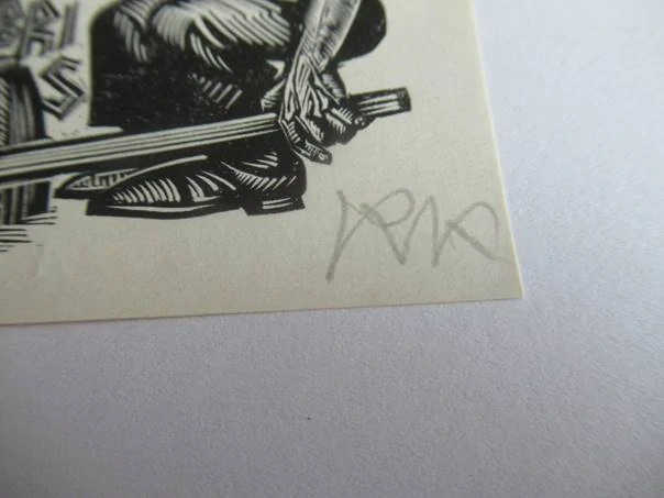 Signované exlibris Richard Kaljo, 9,5 × 6 cm – Pro významného estonského karikaturistu H. Valka (1971)