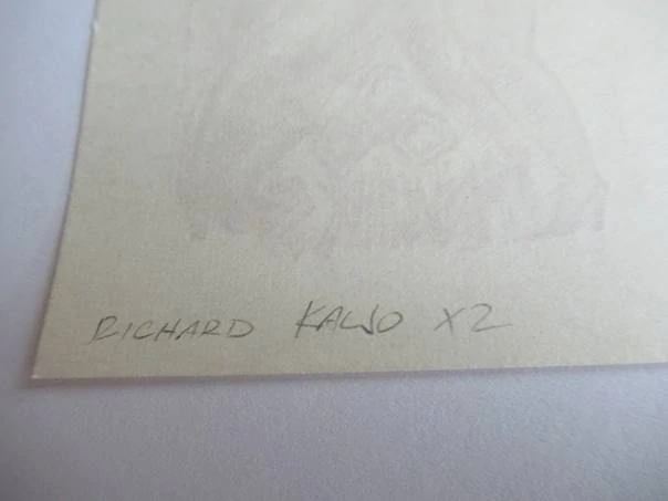 Barevné erotické exlibris Richard Kaljo, 10 × 7 cm – Motiv ženského aktu se dvěma tvářemi pro Helmut Joonuks (Estonsko)