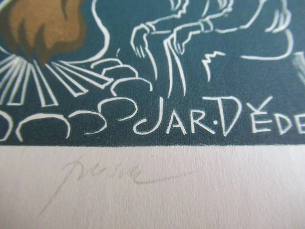 Signované tříbarevné exlibris Jar. Dědek, 16 × 10 cm – Skautský motiv u táborového ohně od Michaela Floriana