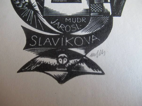 Signované medicínské exlibris MUDr. Jaroslava Slavíková, 9 × 8 cm – Otakar Mařík-Fils