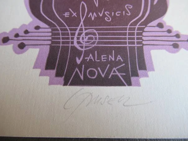 Signované vícebarevné ex musicis Alena Nová, 14,5 × 10 cm – Ladislav Rusek (1972)