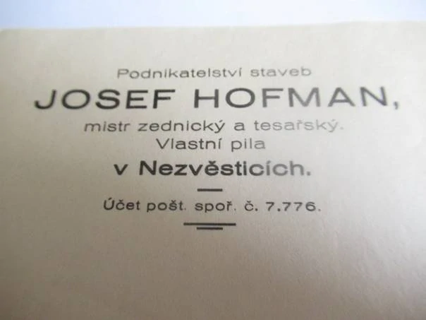 Nezvěstice - Josef Hofman - Podnikatelství staveb - Mistr zednický a tesařský, Vlastní pila - 1934