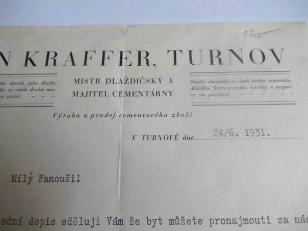 Turnov - Jan Kraffer - Mistr dlaždičský a majitel cementárny - výroba a prodej cementového zboží - stavby všech druhů dlažeb - 1931