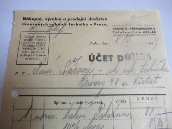 Praha - Nákupní, výrobní a prodejní družstvo zkoušených zubních techniků - 1939