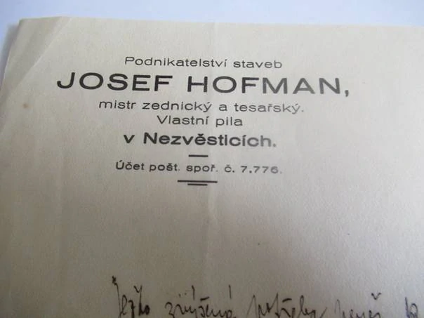 Nezvěstice - Josef Hofman - Podnikatelství staveb - Mistr zednický a tesařský, Vlastní pila - 1936