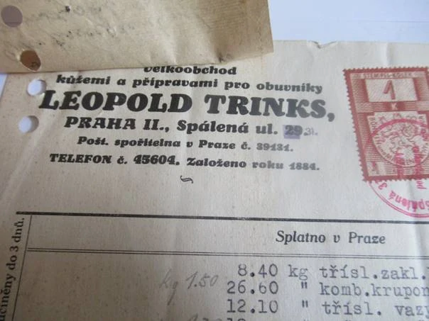 Praha - Leopold Trinks - Velkoobchod kůžemi a přípravami pro obuvníky - 1941