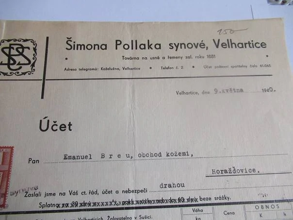 Velhartice - Šimona Pollaka synové - Továrna na usně a řemeny - 1940