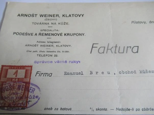 Klatovy - Arnošt Weiner - Továrna na kůže, podevše a řemenové krupony - 1940