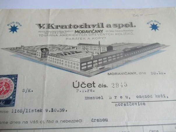 Moravičany - V. Kratochvíl a spol - Továrna amerických dřevěných kolíčků, parátek a kopyt - 1939