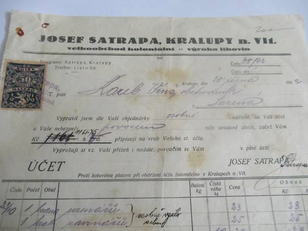 Kralupy nad Vltavou - Josef Satrapa - Velkoobchod koloniální, výroba lihovin - 1922