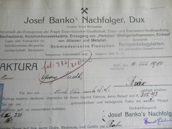 Dux - Duchcov - Josef Banko´s - Železo, válcování plechů, stavební dílna - 1912