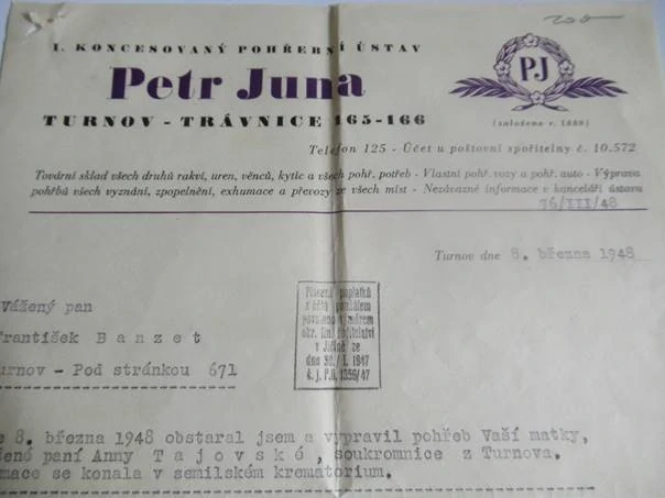 Turnov - Petr Juna - I. Koncesovaný pohřební ústav - Tovární sklad všech druhů rakví, uren, věnců, kytic a všech pohř. potřeb - 1948