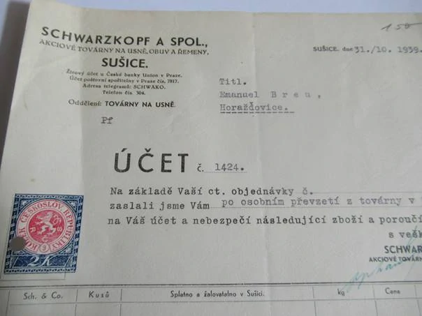 Sušice - Schwarzkopf a spol. - továrny na usně, obuv a řemeny - 1939