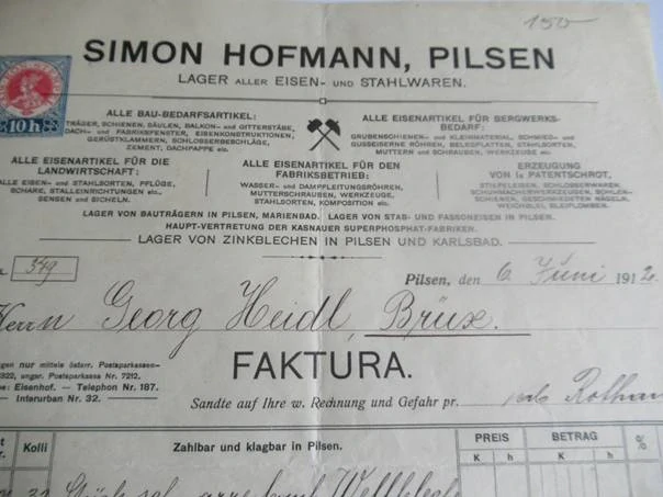 Pilsen - Plzeň - Simon Hofmann - Sklad veškerého železného a ocelového zboží - 1912