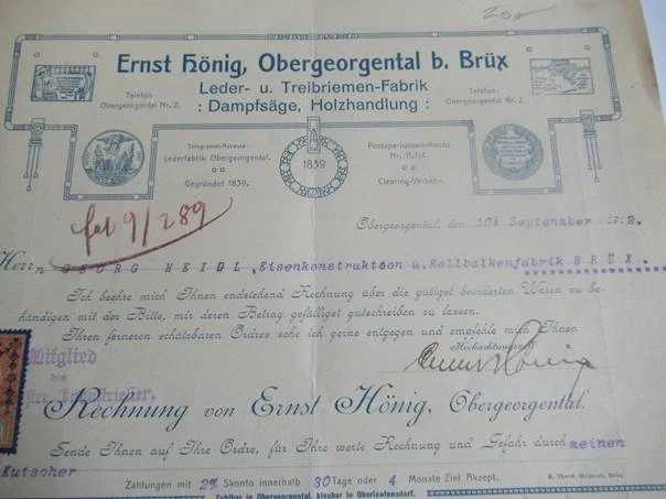 Brüx - Most - Ernst Hönig, Obergeorgental - Továrna na kůži a hnací řemen, Obchodník se dřevem - 1912
