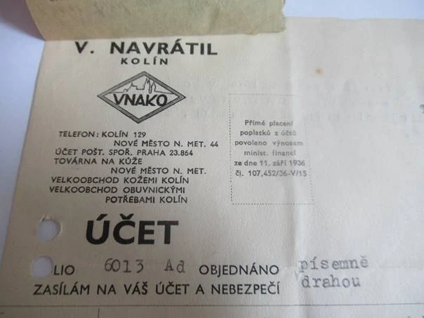 Kolín - V. Navrátil - Velkoobchod kožemi, Velkoobchod obuvnickými potřebami - 1941
