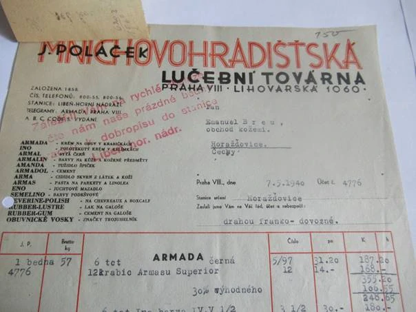 Praha - J. Poláček . Mnichovohradišťská lučební továrna - krém na obuv v krabičkách, polotekutý krém v kelímkách, sytá čerň.. - 1940