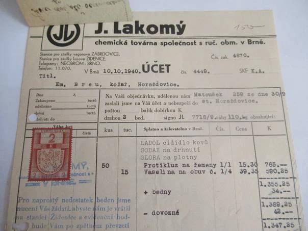 Brno - J. Lakomý - chemická továrna společnost s ruč, obm. - 1940