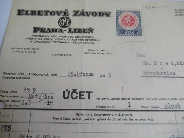 Praha - Elzbetové závody - Přípravy pro průmysl, obuvnický, krémy na obuv, vosky, cídící prostředky a chemické přípravky, všech druhů - 1939