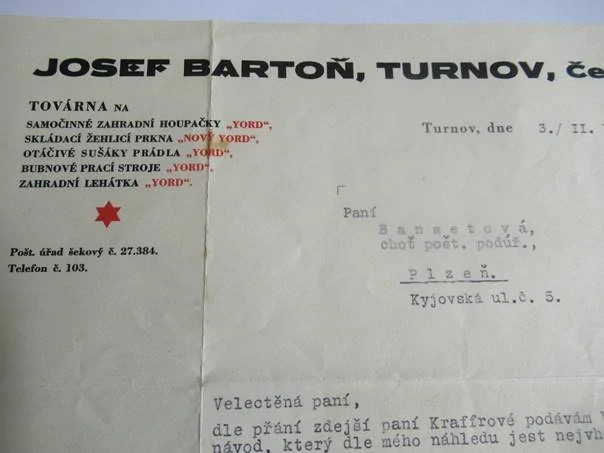 turnov - Josef Bartoň - Továrna na samočinné zahradní houpačky, skládací žehlící prkna, otáčivé sušáky prádla, bubnové prací stroje, zahradní lehátka - 1932