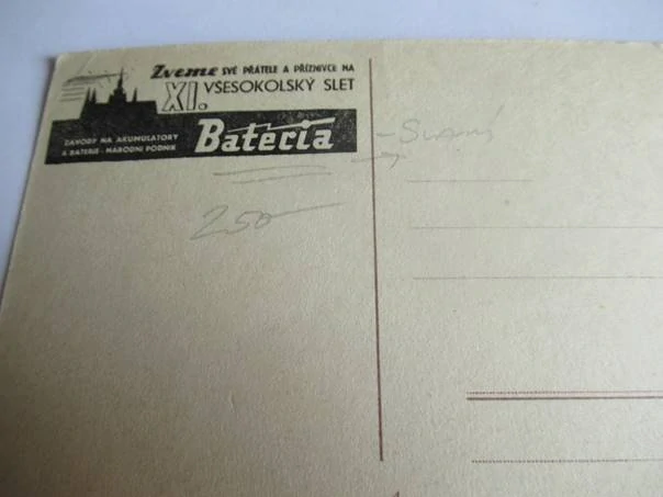 Praha - XI. Všesokolský slet - červen - červenec 1948 - Závody na Akumulatory a baterie - národní podnik Bateria - Slaný