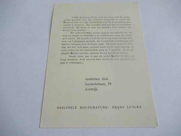 Exlibris Dirk Mattelaer – Sisyfos a akt | Frans Luyckx, originální dřevoryt 1964, 14,5x10,5 cm