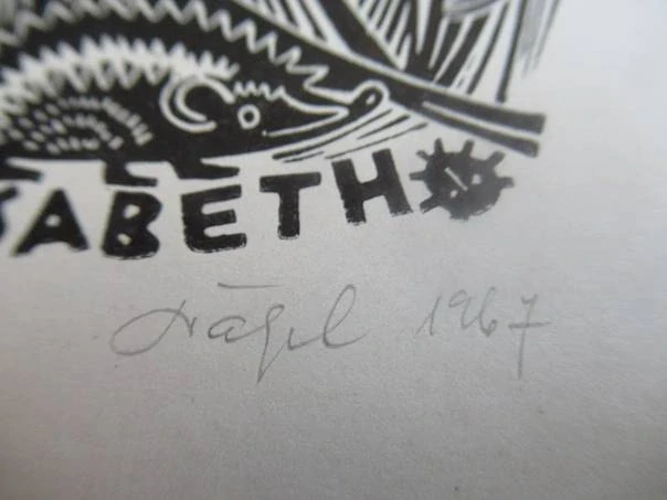 Originální Linoryt Exlibris Elisabeth – Motiv Sova a Ježek – Silvi Väljal 1967 (14,5 x 10 cm)