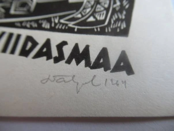 Originální Linoryt Exlibris Aire Viidasmaa – Motiv Dívka u studny a ptáček – Silvi Väljal 1969 (12 x 7,5 cm)
