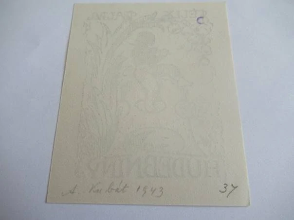 Originální Zinkografie Exlibris Felix Talpa Hudebniny – Motiv Putto s flétnou a konvalinky – Antonín Kubát 1943 (10,5 x 8,5 cm)